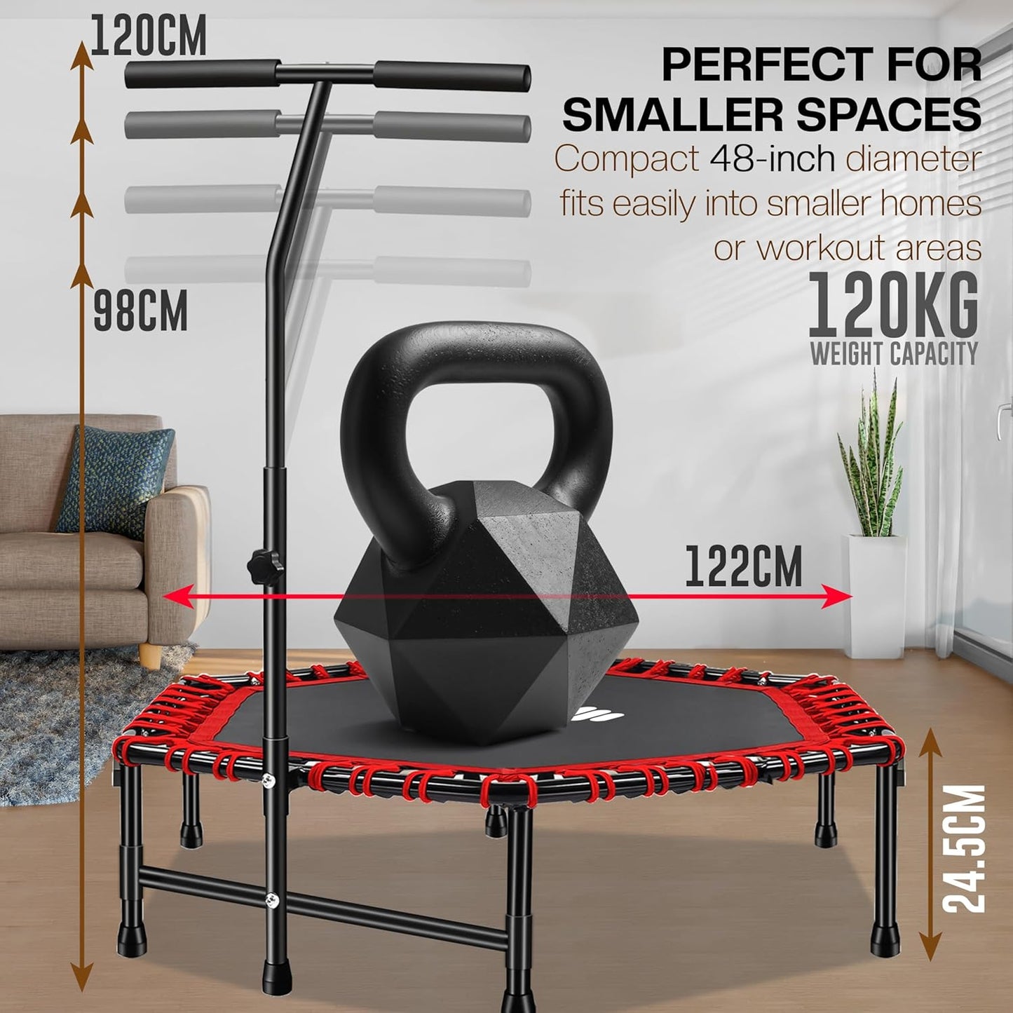 40"/48" Mini Rebounder Trampoline – Quiet Bungee Fitness Trampoline for Adults with Adjustable Handle