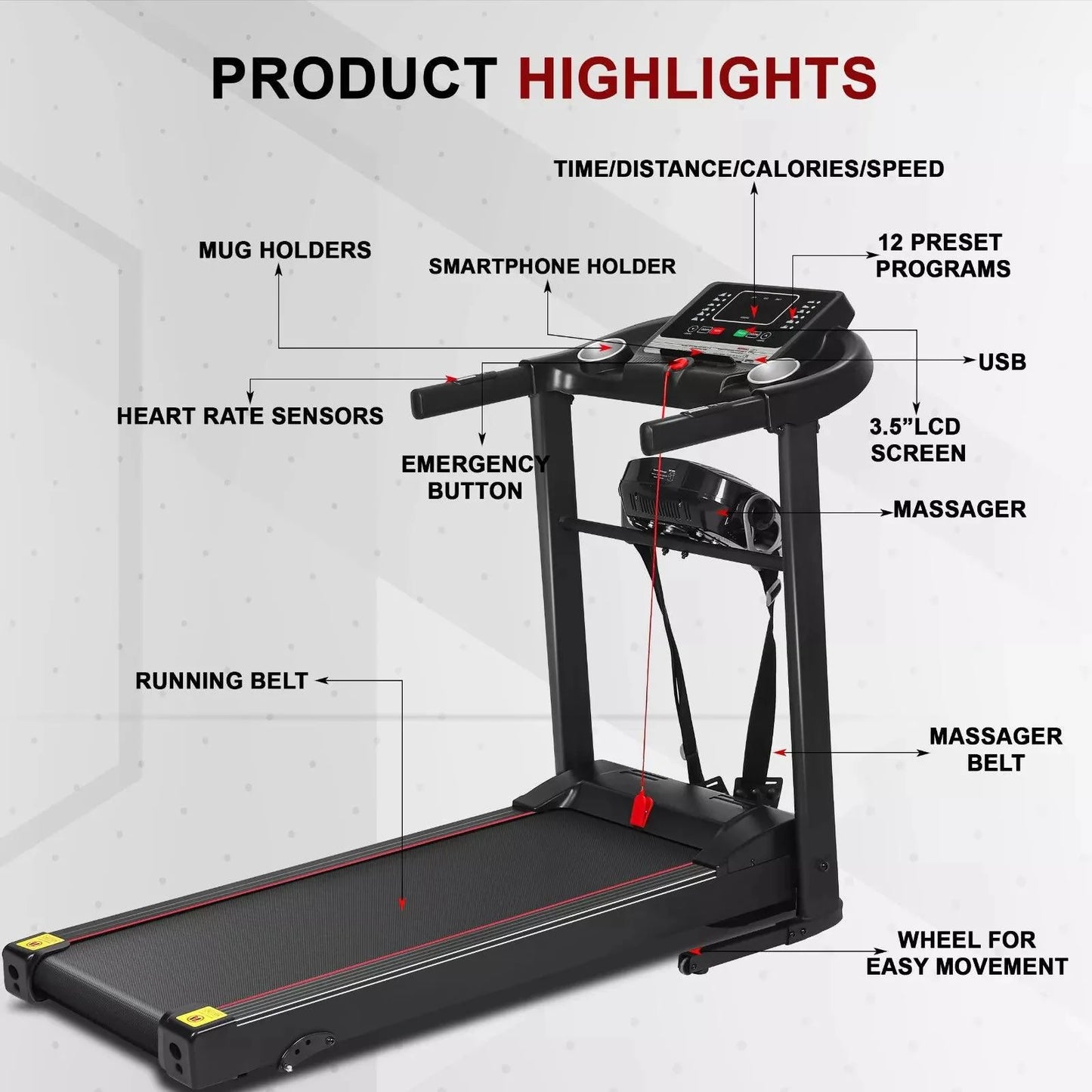 Treadmill Foldable Electric Running Machine with Incline, Massager, and Compact Design for Home Gym