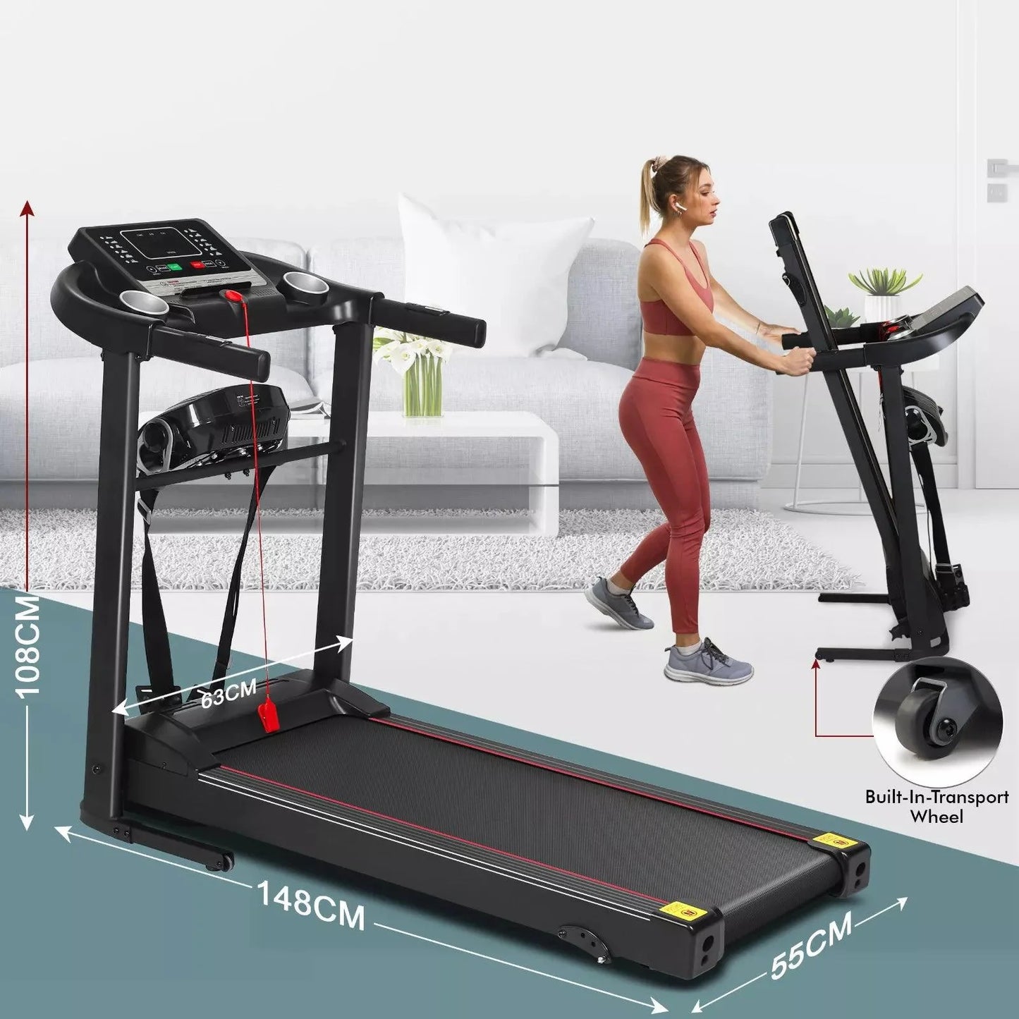 Treadmill Foldable Electric Running Machine with Incline, Massager, and Compact Design for Home Gym