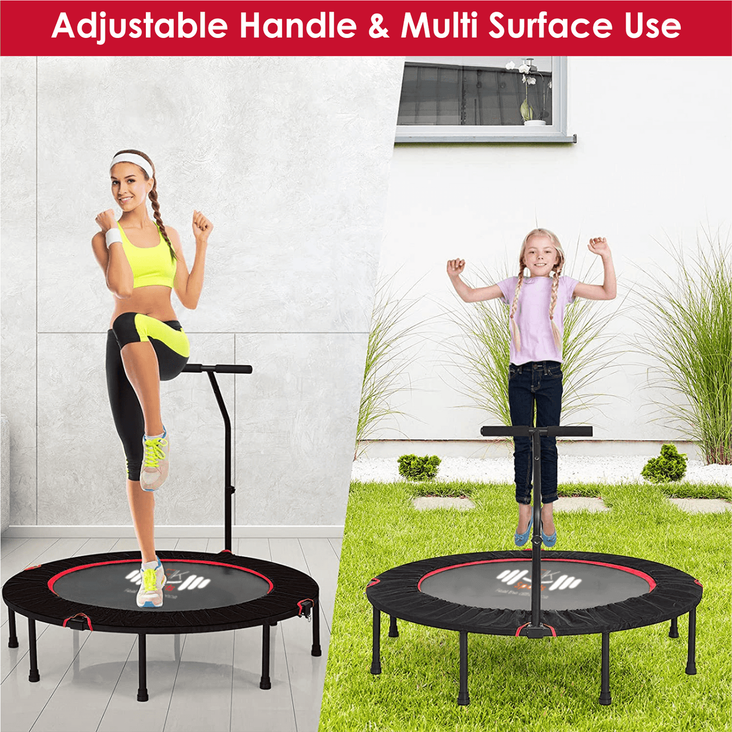40/48 Inch Foldable Mini Trampoline with Adjustable T-Bar Handle for Adults and Kids – Indoor Fitness Rebounder