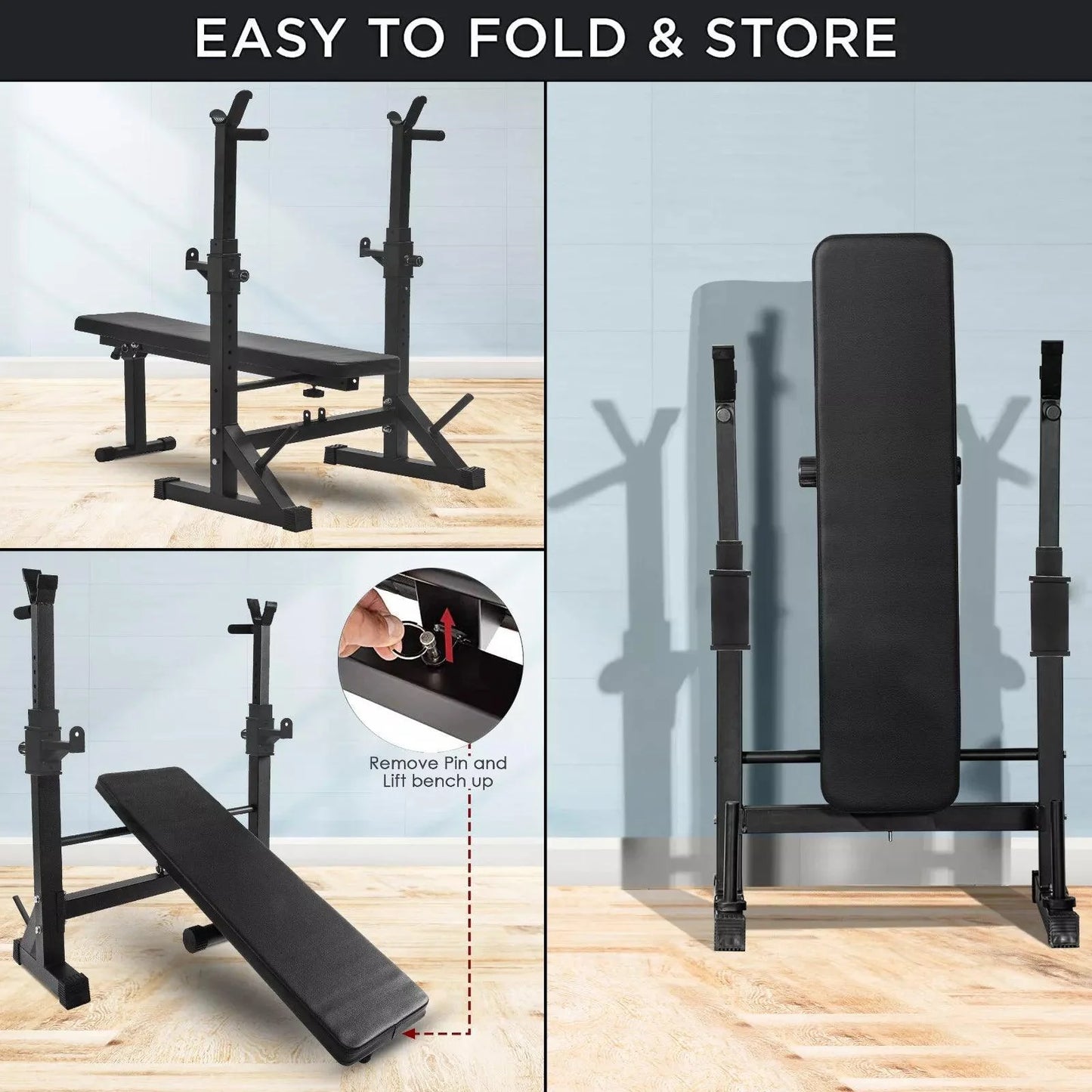 Foldable Weight Bench with Barbell Rack & Dip Station – 6 Levels Adjustable, 200KG Capacity, Multi-Use Home Gym Workout Bench
