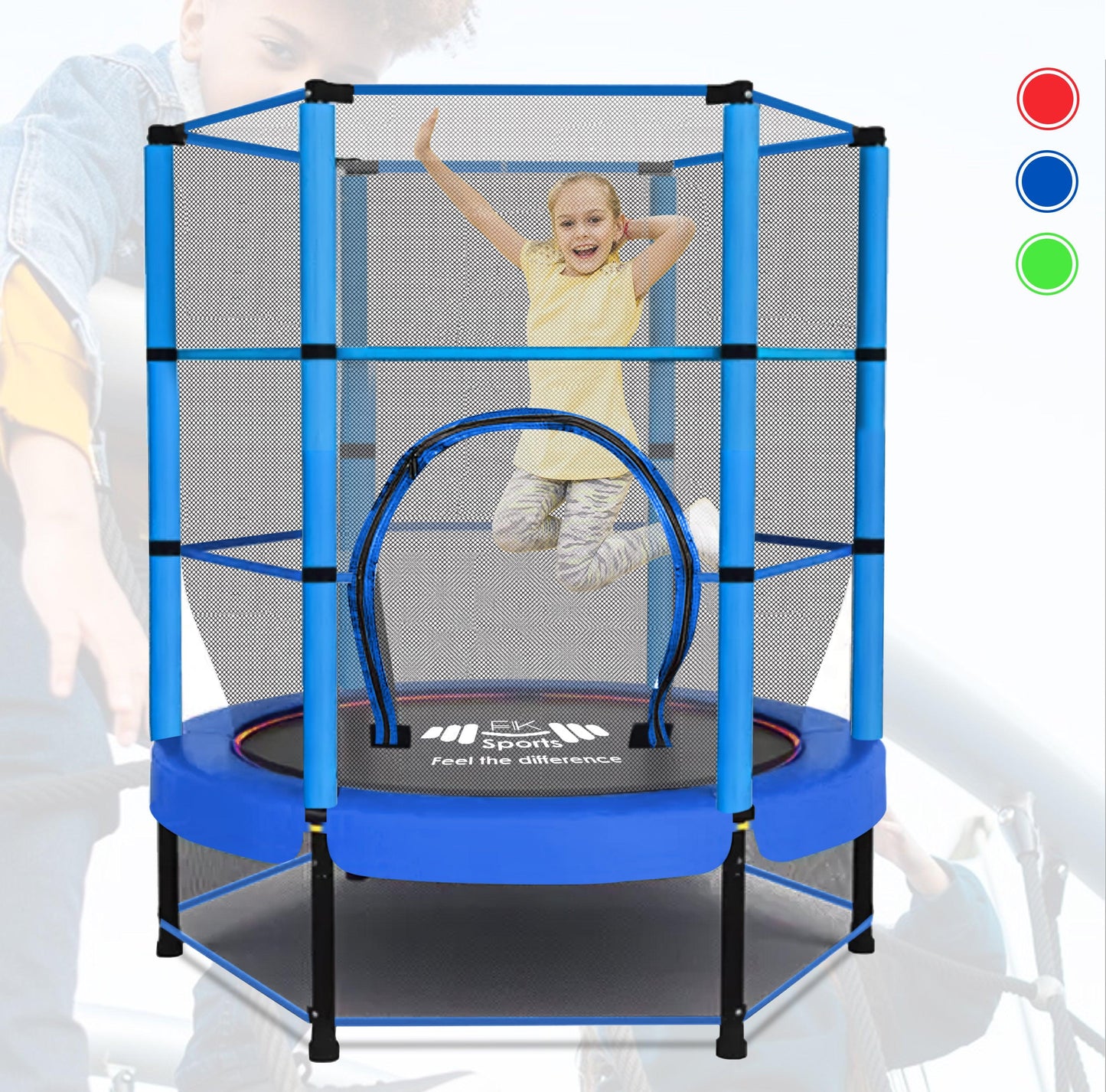 55" Kids Trampoline with Safety Enclosure Net – Indoor & Outdoor Mini Rebounder for Toddlers, Ages 1–11, with Bungee System, Anti-Skid Pad & Steel Frame