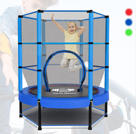 55" Kids Trampoline with Safety Enclosure Net – Indoor & Outdoor Mini Rebounder for Toddlers, Ages 1–11, with Bungee System, Anti-Skid Pad & Steel Frame