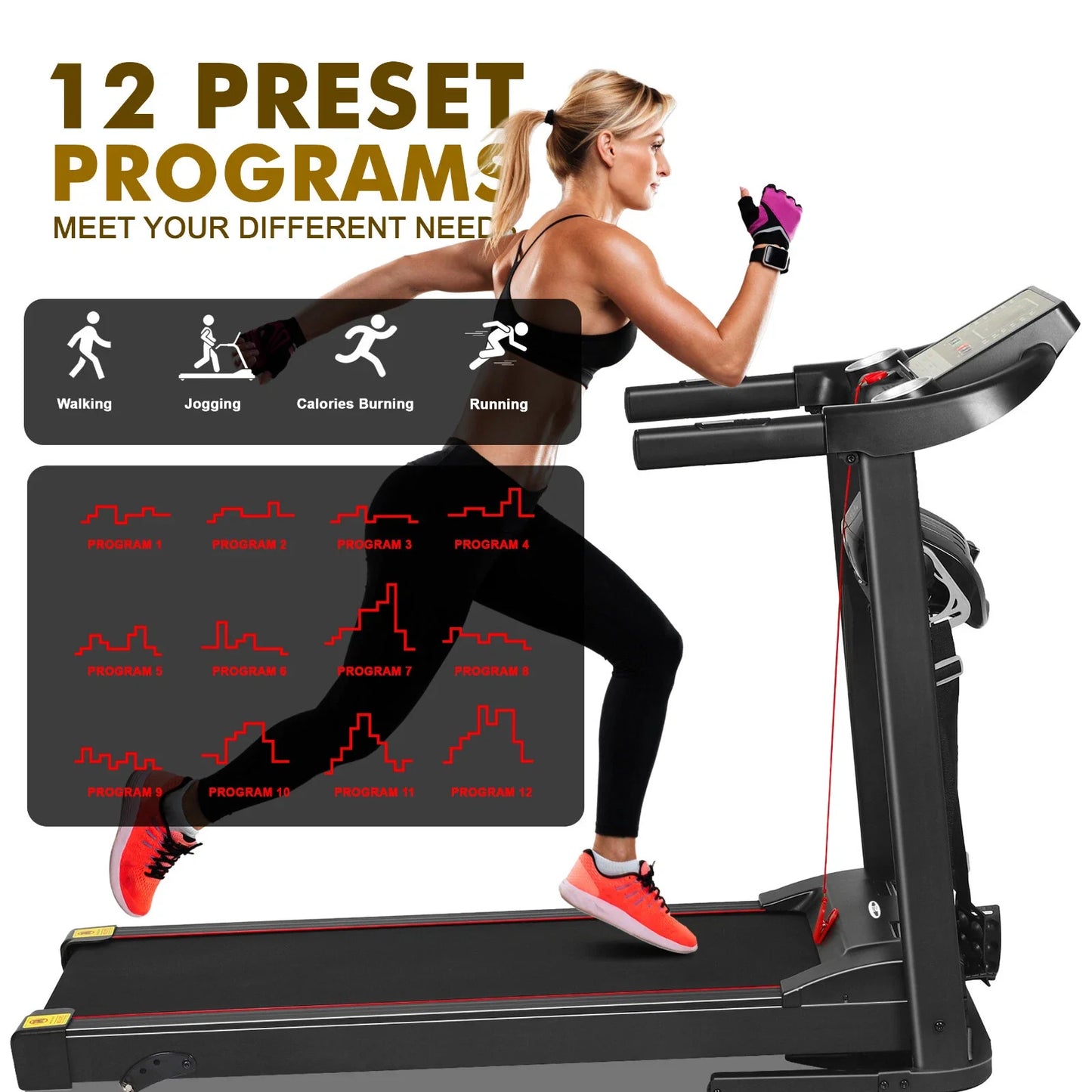 Treadmill Foldable Electric Running Machine with Incline, Massager, and Compact Design for Home Gym